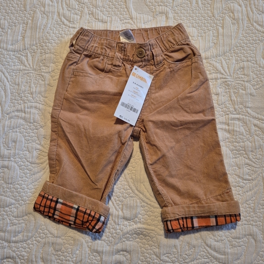 Gymboree boys 3-6 months corduroy pants plaid lower leg, elastic waist NEW
